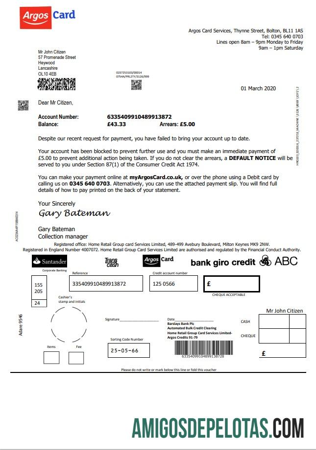 Cartão Argos do Reino Unido em formato Word e PDF amostra